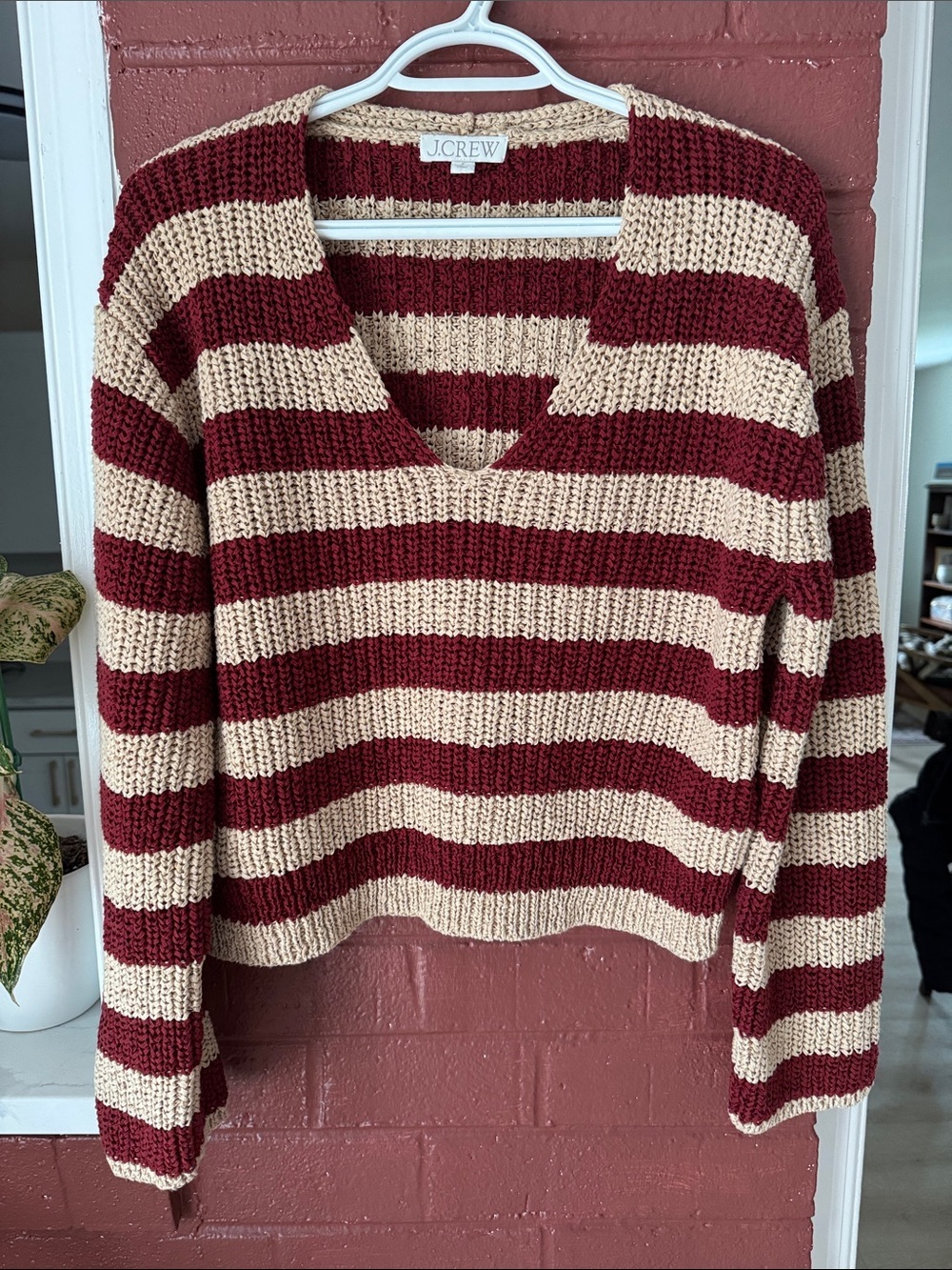 J. Crew Striped Cropped V-Neck Sweater in Burgundy and Tan Small